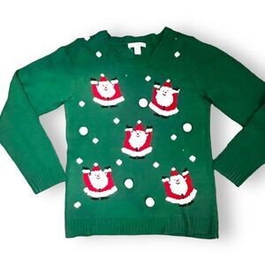 Women”s Santa Christmas Sweater Green with snowballs. Size Medium